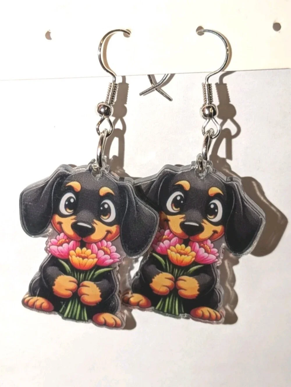 Hand Crafted Women's/Girls Cute Black Dachshund Earrings with Pink Flowers